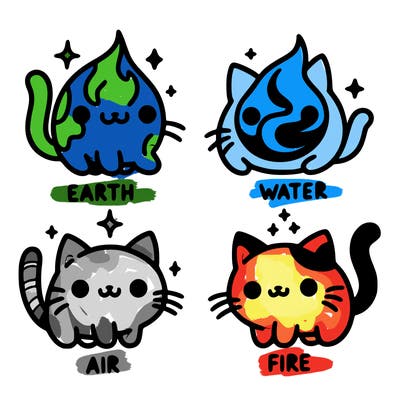 4 cats that represent the different elements, earth, water, air, and fire