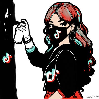 realistic girl with mask spray painting a wall