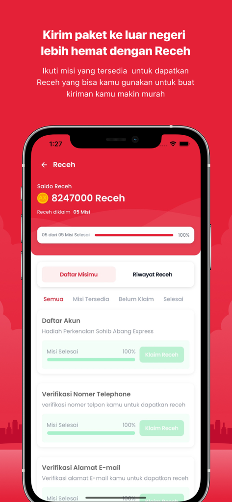 Abang Express - Abang Express app interface showing loyalty points and missions for discounted international shipping