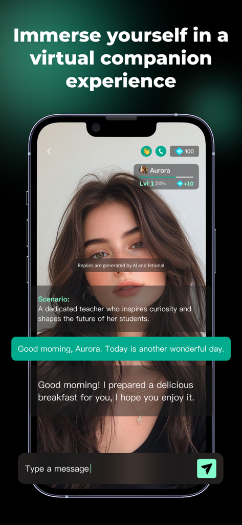 Aimi AI: Chat With Soulful AI - Aimi AI chat interface featuring a conversation with a virtual companion named Aurora.