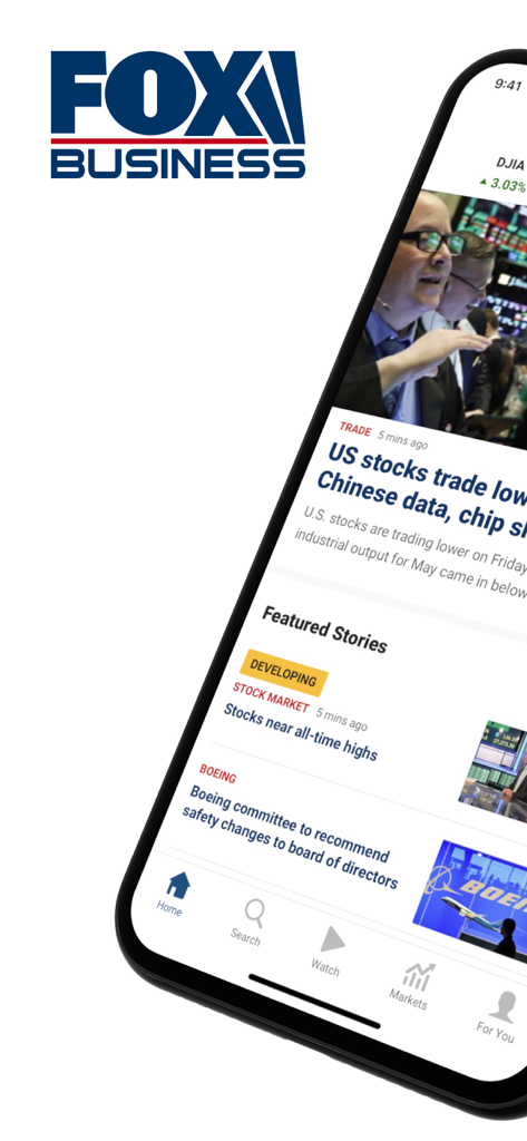 Fox Business: Invested In You - La pantalla de inicio de la aplicación Fox Business que muestra titulares de noticias empresariales y un índice bursátil.