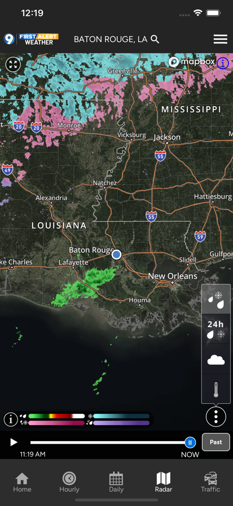 Mapa de radar meteorológico interactivo de Luisiana que muestra el seguimiento de lluvia y tormentas en la aplicación WAFB First Alert Weather.
