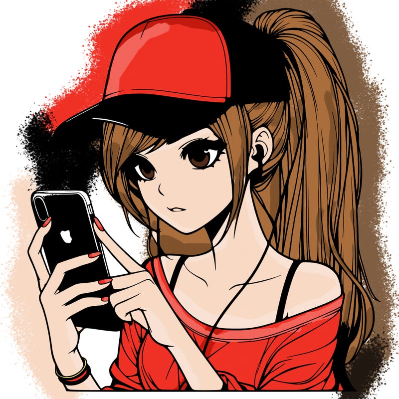 realistic girl with a long ponytail and trucker hat holding an iphone