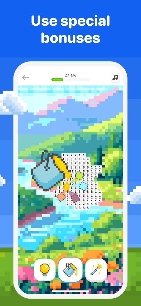 A pixel art landscape being colored with a paint bucket tool in the Pixel Color app.
