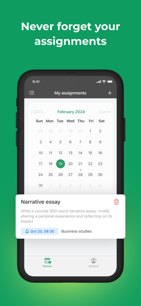 College Essay Writing Help - Oberfläche der mobilen App, die einen akademischen Aufgabenzuordnungsplaner mit einem Monatskalender und Aufgabendetails anzeigt