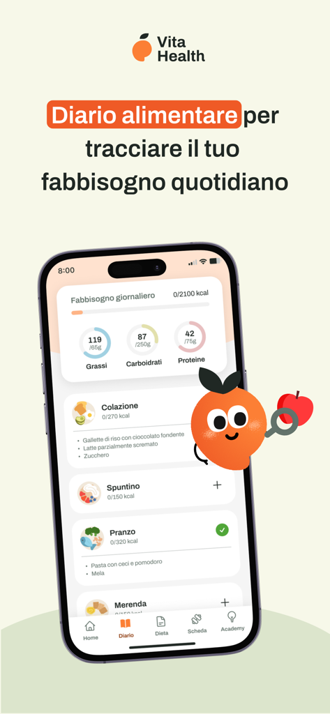 Vita Health - Interfaccia del diario alimentare dell'app Vita Health che mostra il monitoraggio giornaliero di calorie e macronutrienti