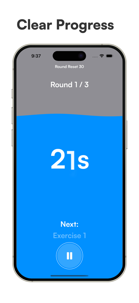 Interval Timer HIIT & Tabata - Captura de tela do aplicativo Interval Timer HIIT mostrando um treino em andamento com 21 segundos restantes na Rodada 1 de 3