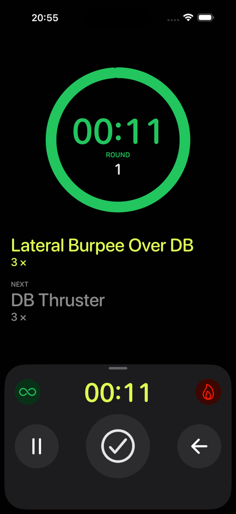 TopWOD : CrossFit Tracker - Schermata del timer dell'allenamento dell'app mobile TopWOD che mostra il tracciamento dei burpee laterali e il conto alla rovescia dei round