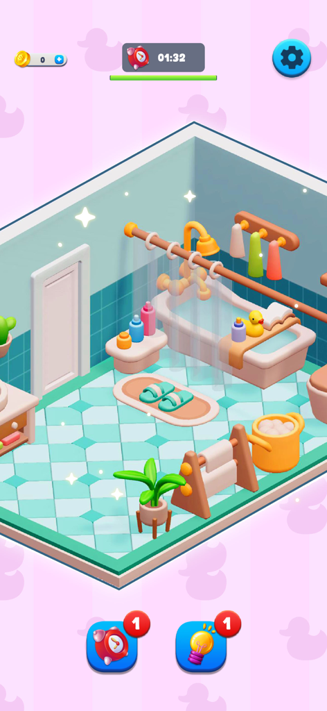 Isometric 3D view of a cozy bathroom with teal tiles and cute decorations in Dreamy Architect mobile game