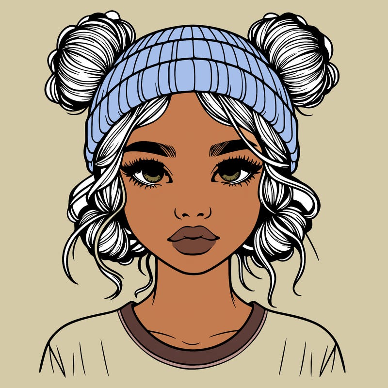 realistic girl with buns in her hair with a beanie on