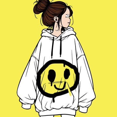 realistic girl with a oversized sweatshirt on and a bun