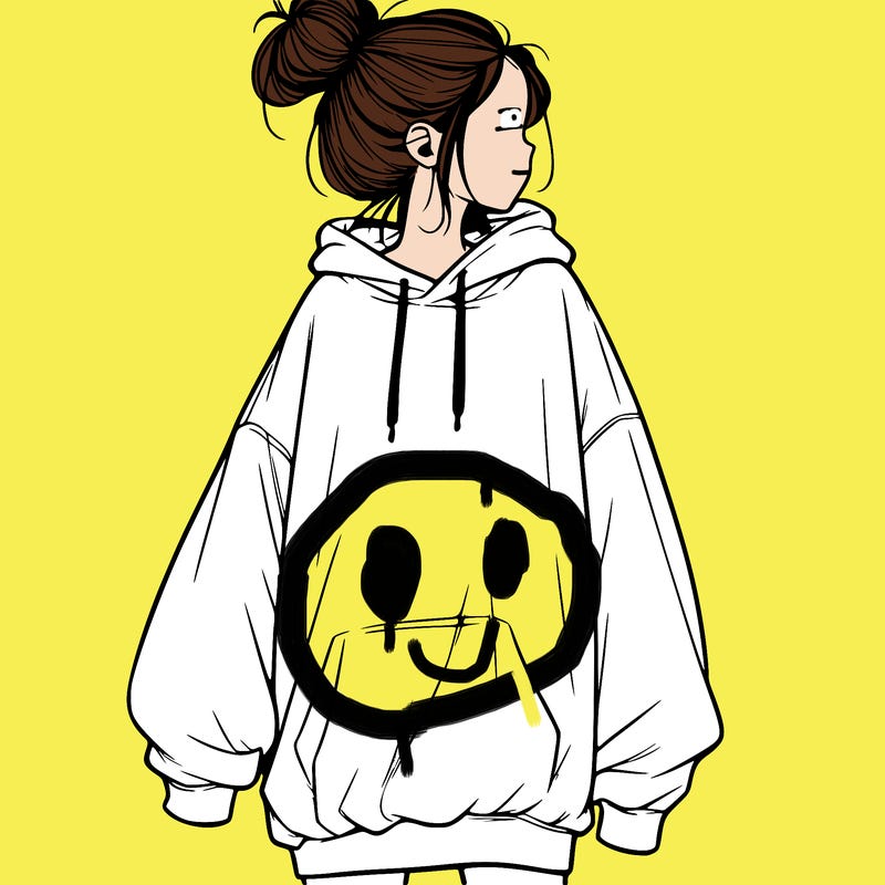 realistic girl with a oversized sweatshirt on and a bun