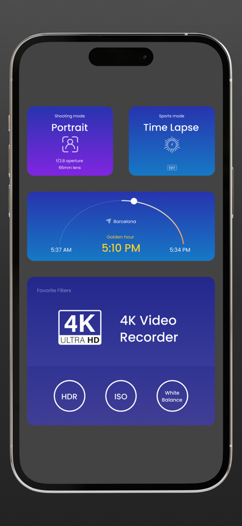 Pro Camera with RAW & Focus - Pro Camera app interface displaying manual settings for portrait mode time lapse and golden hour tracking