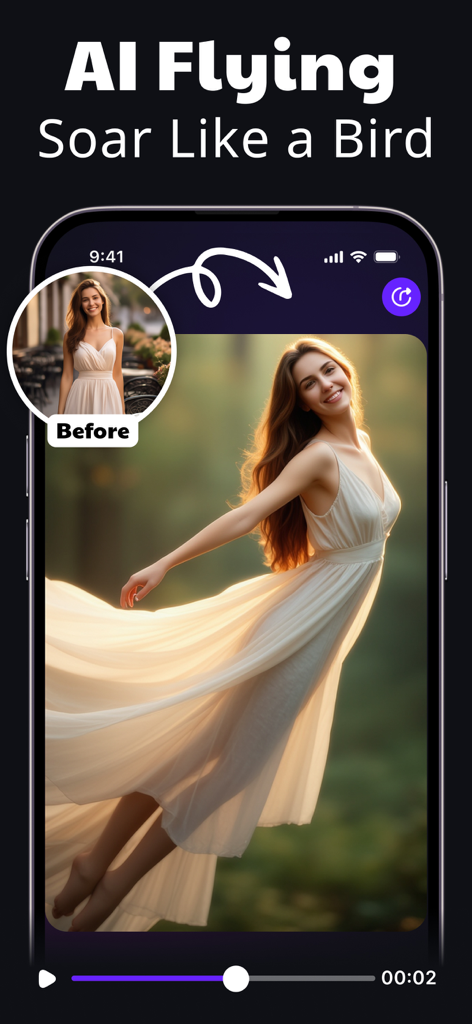 AI Video Generator: VIDIOAI - VidioAI app interface showing a static photo transformed into an AI video of a woman flying through the air