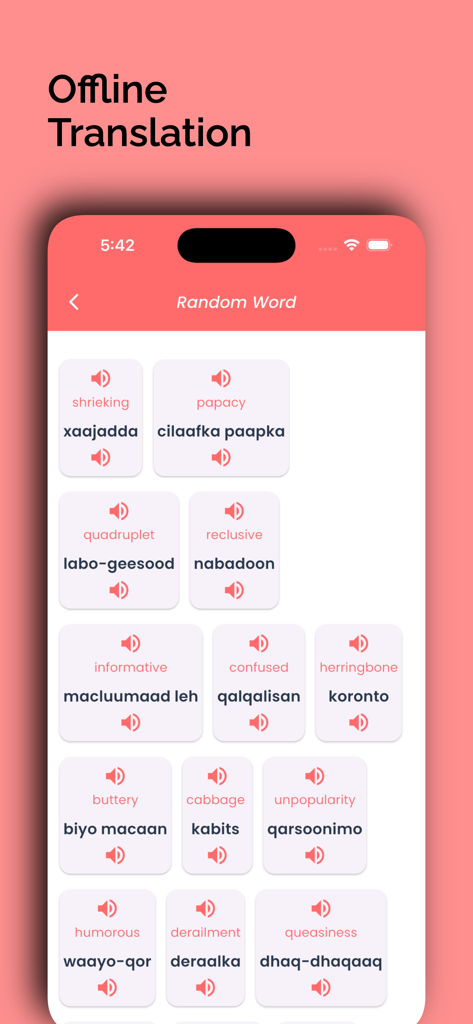 Traducciones aleatorias de palabras de inglés a somalí en la aplicación Traductor Somalí Sin Conexión.