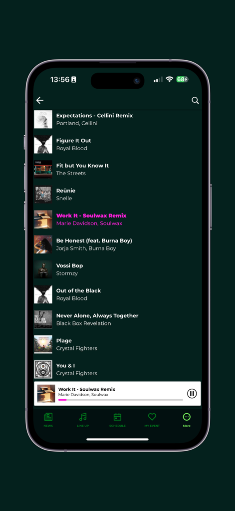 Una lista de canciones de los artistas del festival en la aplicación Pukkelpop con una barra de reproducción en la parte inferior