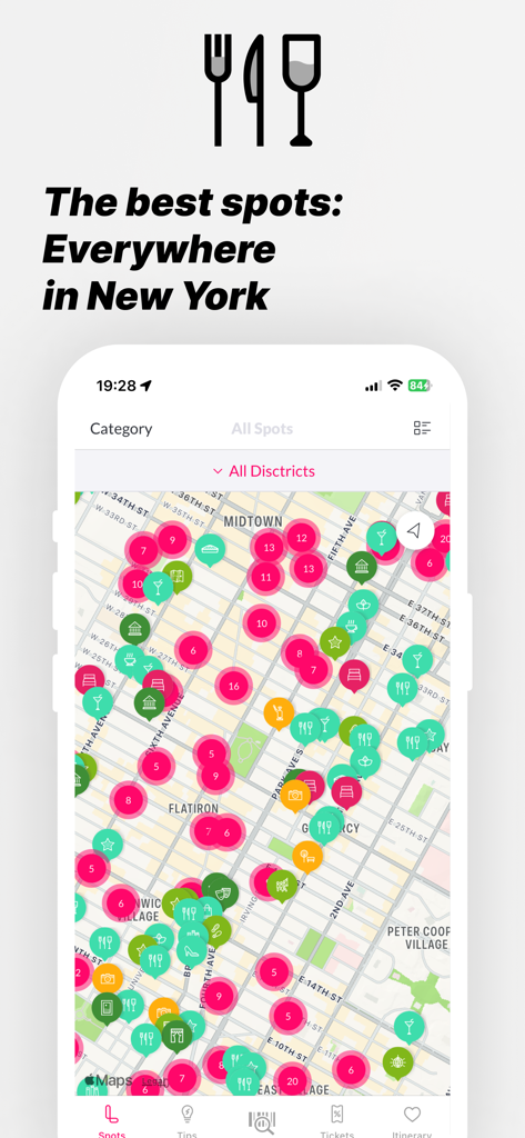 Un mapa de la ciudad de Nueva York en la aplicación Loving New York mostrando pines de colores para restaurantes, bares y atracciones