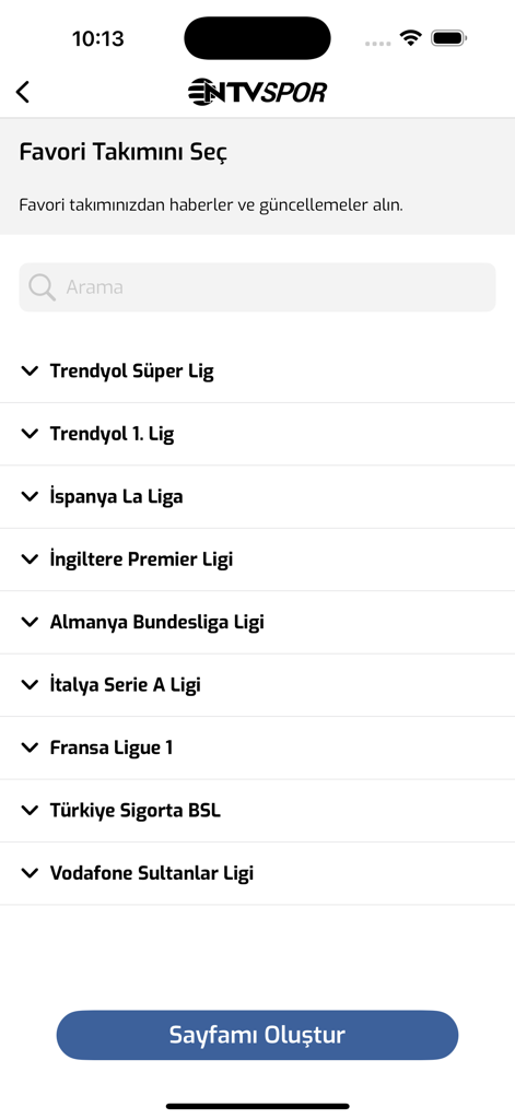 NTV Spor - Sporun Adresi - NTV Spor mobile app interface showing a list of sports leagues to select as favorites