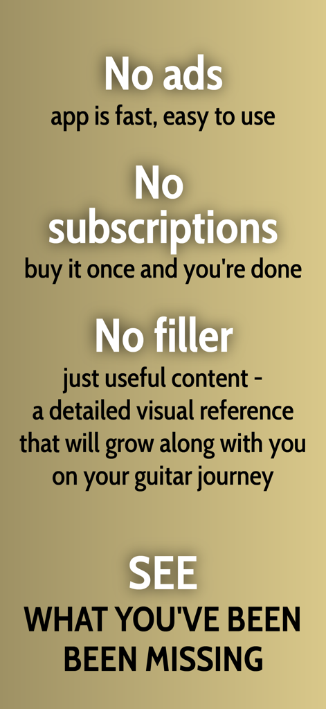 Marketingbildschirm für eine Gitarren-App, der seine Keine-Werbung-Politik, das Einmalkaufmodell und den Fokus auf nützliche visuelle Inhalte hervorhebt
