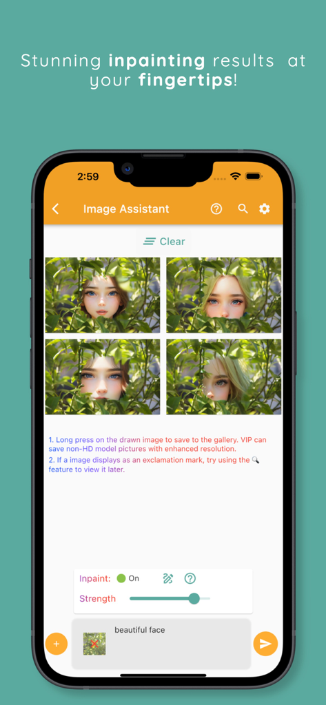 Chat Journey - Pocket AI Buddy - Una pantalla de aplicación móvil que muestra los resultados de inpainting con IA para una imagen de retrato entre hojas.