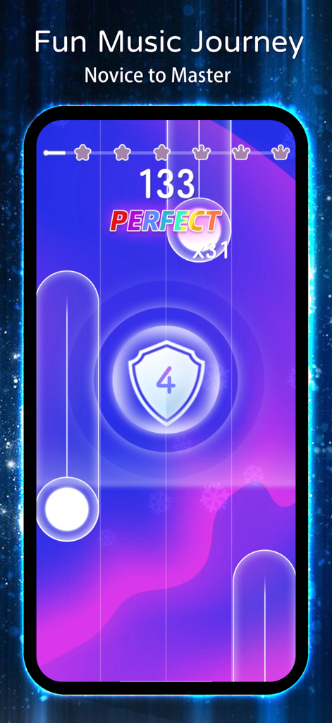 Magic Music Tiles-Piano Game - Mobile gameplay interface of Magic Music Tiles showing falling rhythm notes and a perfect score indicator.