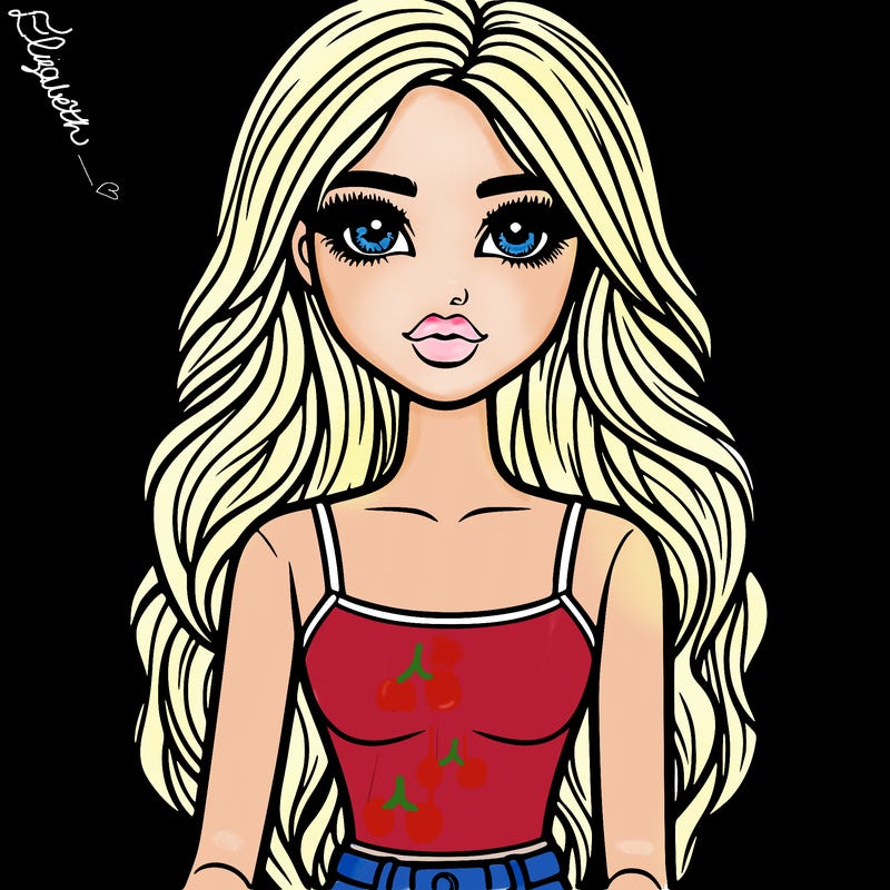 human with long hair with doll eyes  and has a realistic body and face with big lips that has a tank top and jeans
