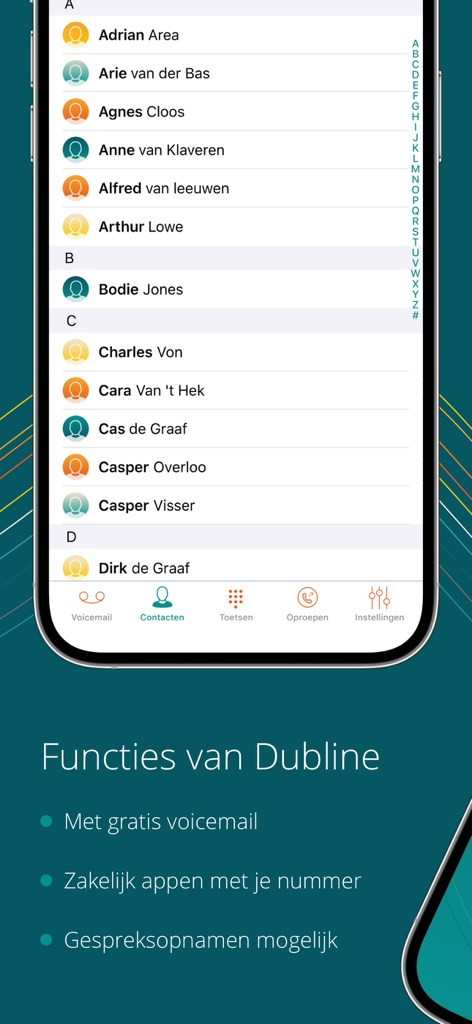 Dubline - 2 telnrs op 1 mobiel - Interfaz de la aplicación Dubline que muestra una lista de contactos profesionales y funciones de llamadas de negocios