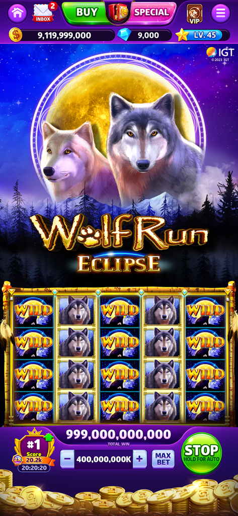Cash Rally - Slots Casino Game - Wolf Run Eclipse slot machine gameplay in Cash Rally Casino app showing wolf symbols and jackpot winnings