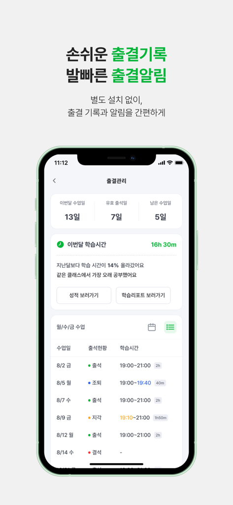 Mobile Oberfläche der Rallyz-App mit Schüleranwesenheitsdaten und monatlichen Lernzeitstatistiken
