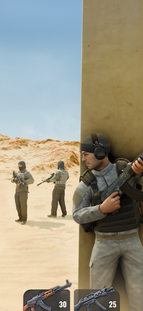 Shoot Out: Shooting Simulator - Operativo militar asomándose desde una cobertura en un entorno desértico con interfaz de arma
