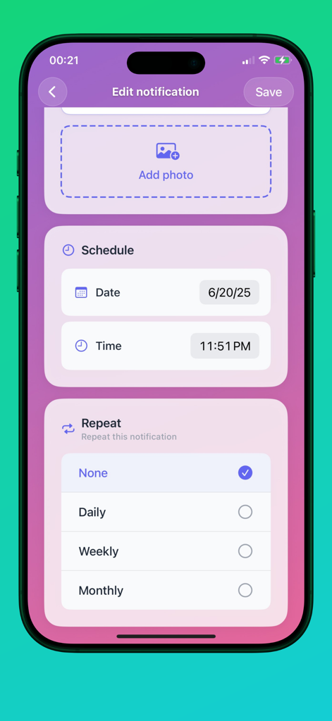 TextLater app screen for scheduling a message with date time and repeat frequency options