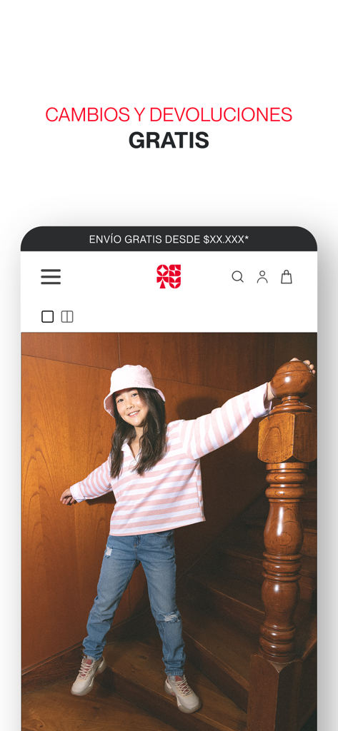 Una bambina che indossa un cappello a secchiello rosa e una maglietta a righe sull'interfaccia dell'app OSTU con testo promozionale per resi e spedizioni gratuiti.