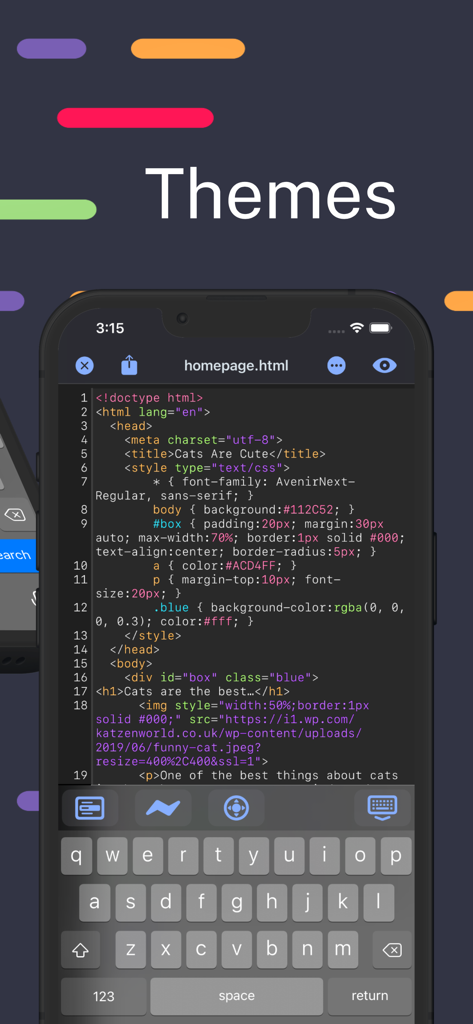 HTML Editor - Mobile screen showing HTML and CSS code with dark theme syntax highlighting and keyboard