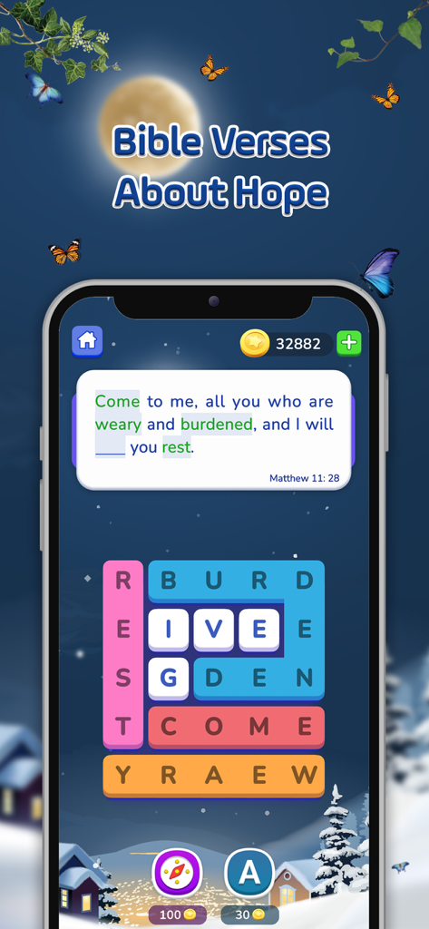 Bible Crossword Games - Bible Crossword Games mobile interface showing a scripture puzzle about hope with a verse from Matthew