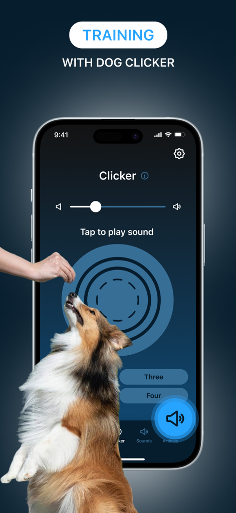 Animal Sound: Training Clicker - おやつを期待して見上げる犬が表示された、犬のクリッカートレーニングアプリのインターフェース