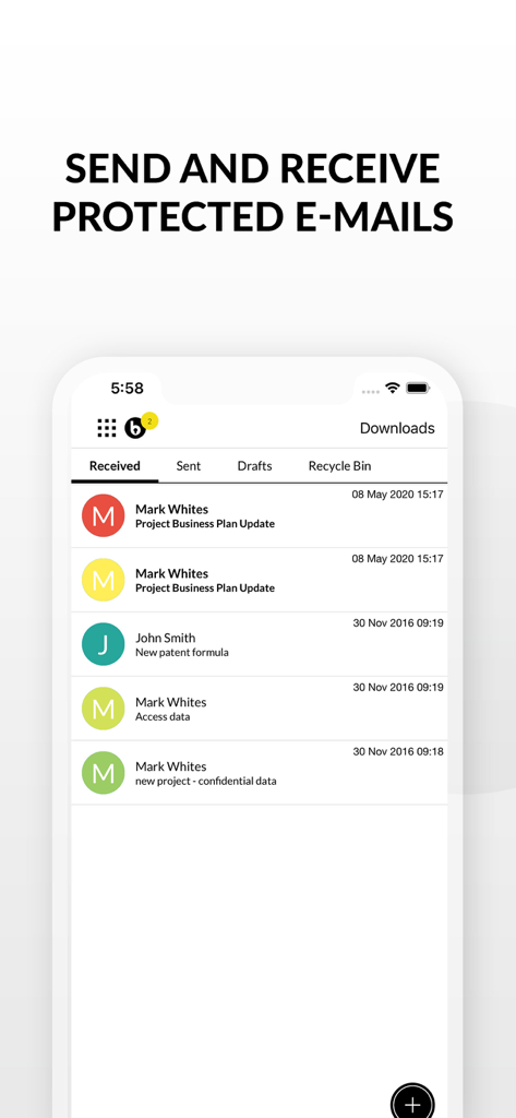 Boolebox - Interfaccia dell'app Boolebox che mostra un elenco di email protette con un elevato livello di sicurezza