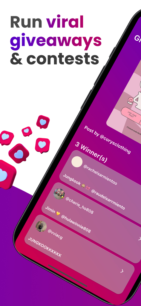 Giveaway for Instagram Post - 3人の当選者がリストされたInstagramプレゼント企画の結果を示すスマートフォンの画面