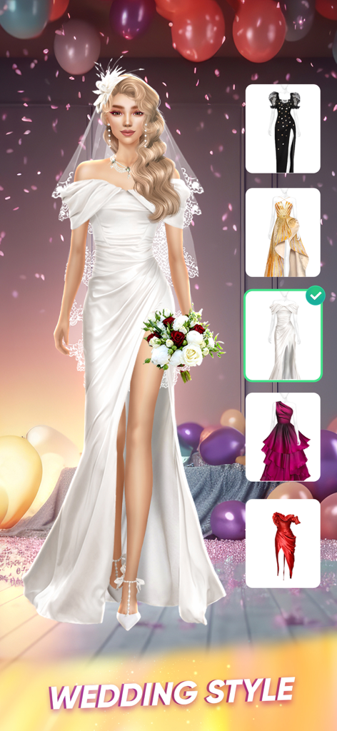 Ein blondes Model in einem weißen Hochzeitskleid, das Blumen in einem Mode-Anzieh-Spiel hält