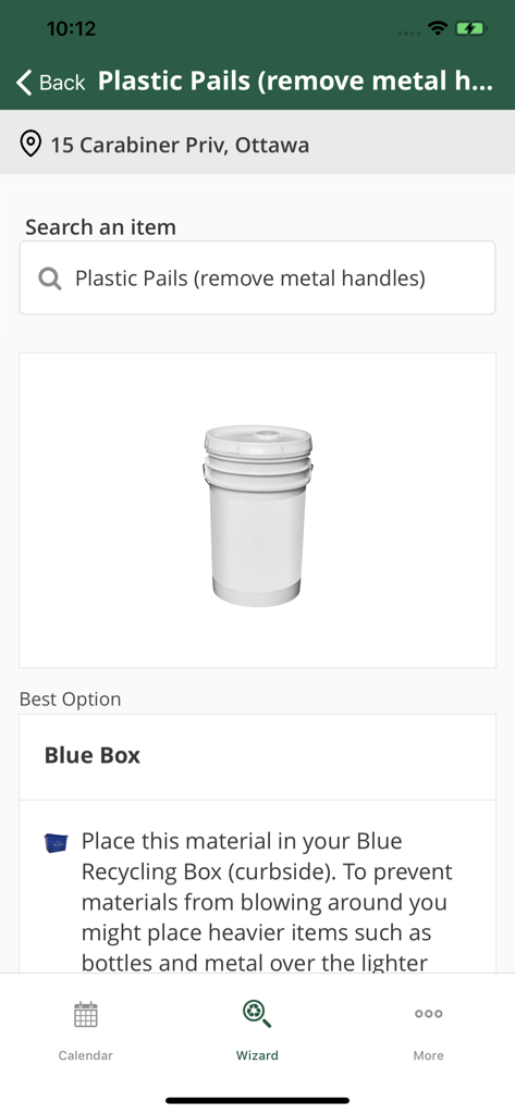 Ottawa Collection Calendar - Waste Wizard search results in the Ottawa Collection Calendar app showing recycling instructions for a plastic pail
