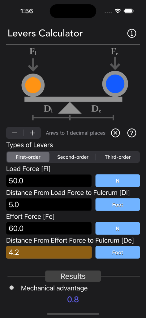 Levers Calculator - Levers Calculator app screen showing first order lever calculation with mechanical advantage result