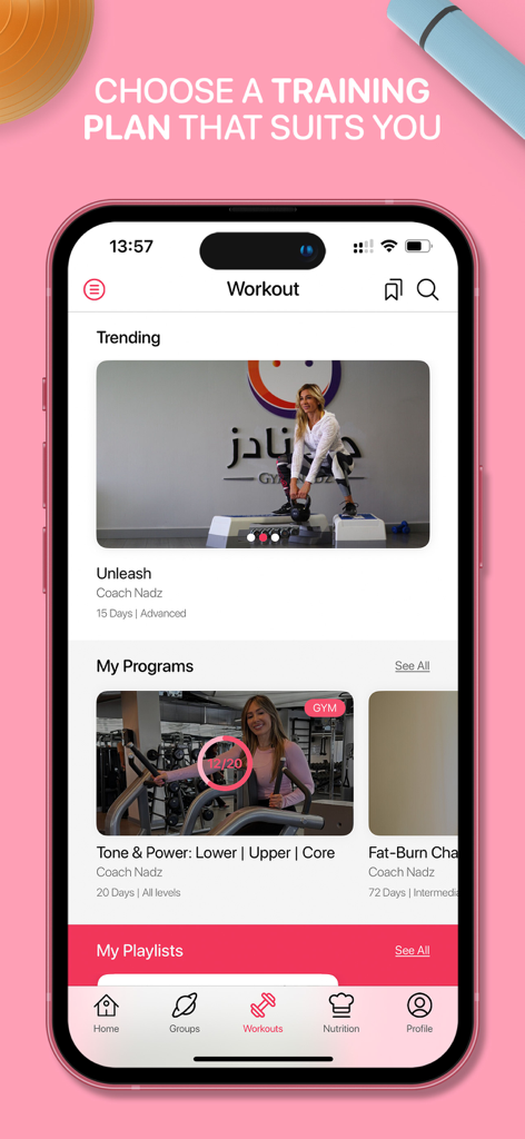 A smartphone screen displaying the GymNadz app workout menu with various training plans for women