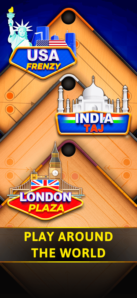 Carrom 3D SuperStar - Una pantalla de Carrom 3D SuperStar que muestra diferentes lugares de juego internacionales, incluyendo USA Frenzy, India Taj y London Plaza.