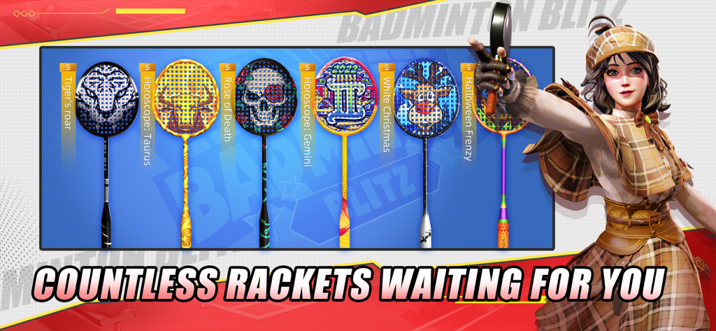Badminton Blitz - A showcase of themed collectible badminton rackets in the Badminton Blitz mobile game.