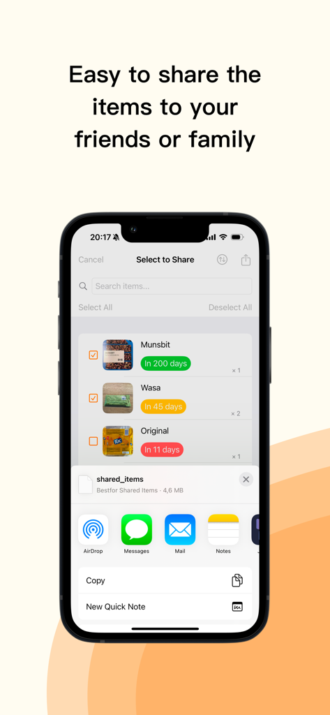 Bestfor - expiry date tracker - Smartphone screen showing the feature to share grocery items and expiry dates with friends or family