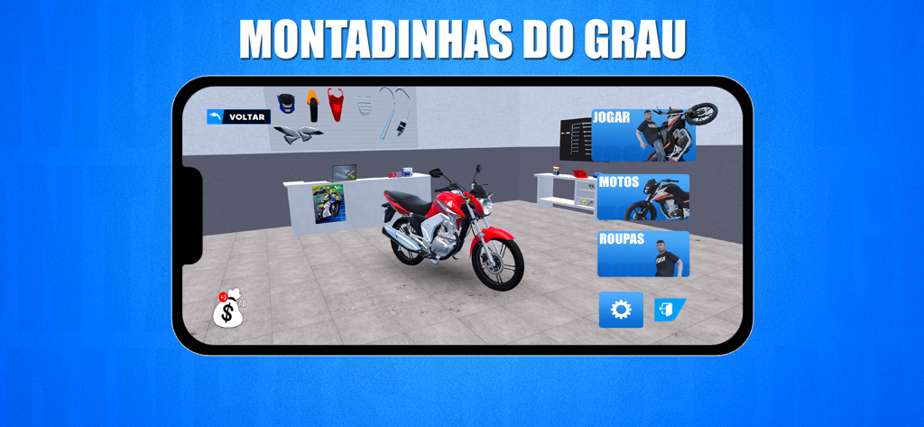 Montadinhas do Grau - Main menu of the Montadinhas do Grau mobile game showing a red motorcycle in a customization workshop