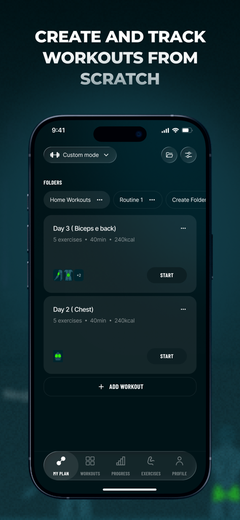 Befit AI: Workout Routines - Interfaz de la aplicación Befit AI que muestra rutinas de entrenamiento personalizadas y opciones de seguimiento