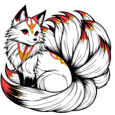 realistic detailed 9 tailed anime fox