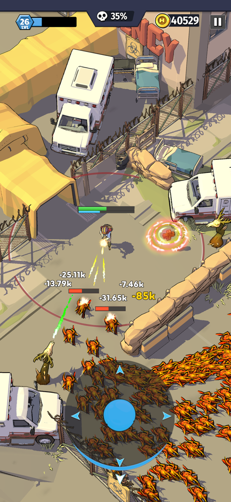 Last Heroのトップダウンシューターのゲームプレイで、プレイヤーキャラクターが都市部でモンスターの群れを撃っている様子