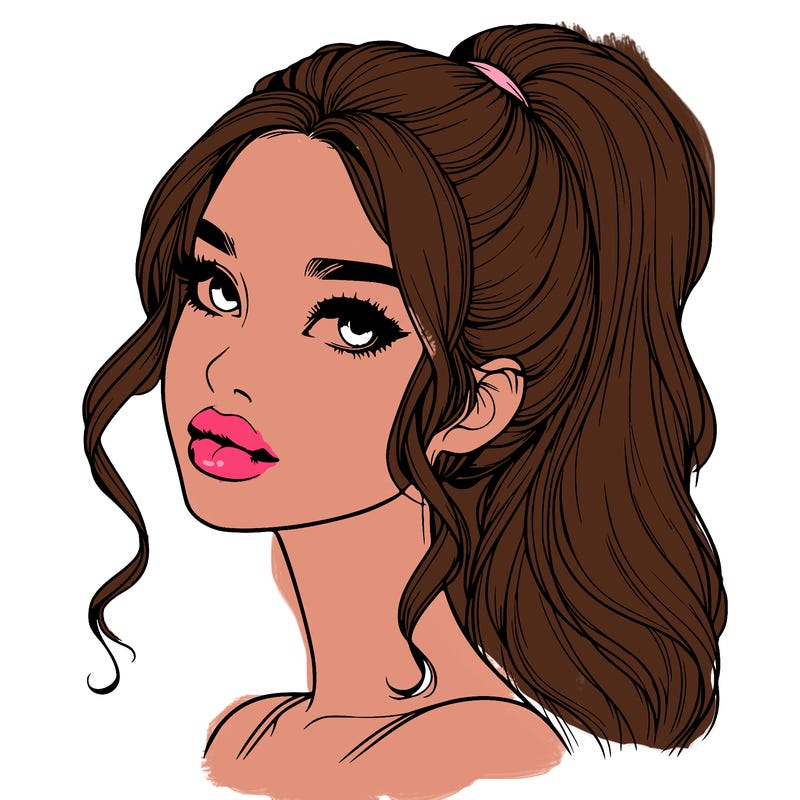 realistic girl with a ponytail on her hair and lips