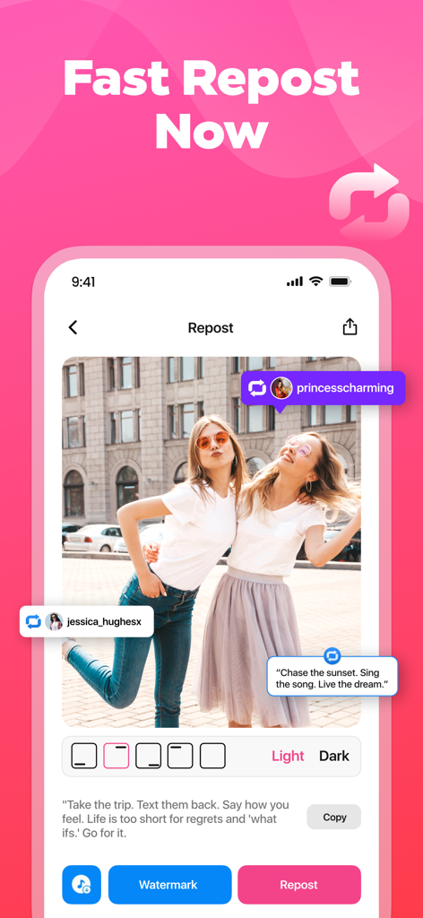 Faster Repost IG Reels & Story - クリエイターの帰属表示とキャプションツールを備えたInstagramコンテンツのリポスト用モバイルアプリインターフェース